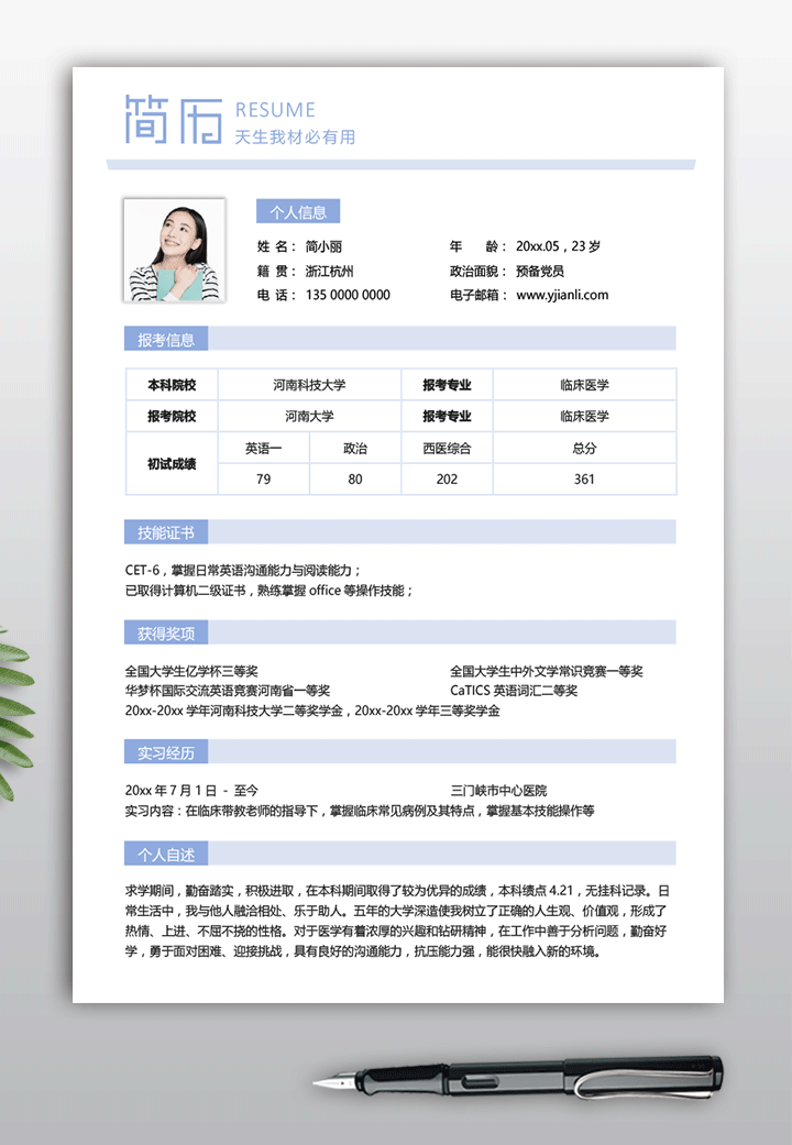 临床医学专业考研复试简历模板电子版下载ky22简历详情【图】